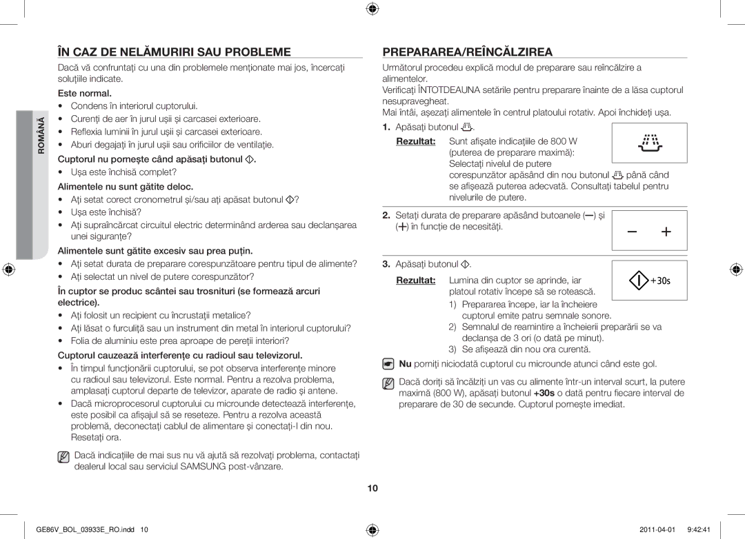 Samsung GE86V-WW/BOL, GE86V-SS/BOL, GE86V-SS/XEO manual În caz de nelămuriri sau probleme, Prepararea/Reîncălzirea 