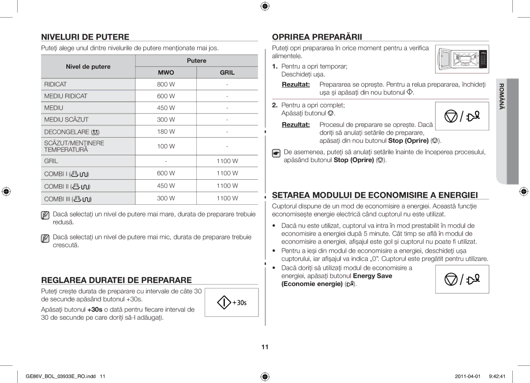 Samsung GE86V-SS/XEO, GE86V-SS/BOL manual Niveluri de putere, Reglarea duratei de preparare, Oprirea preparării, Putere 