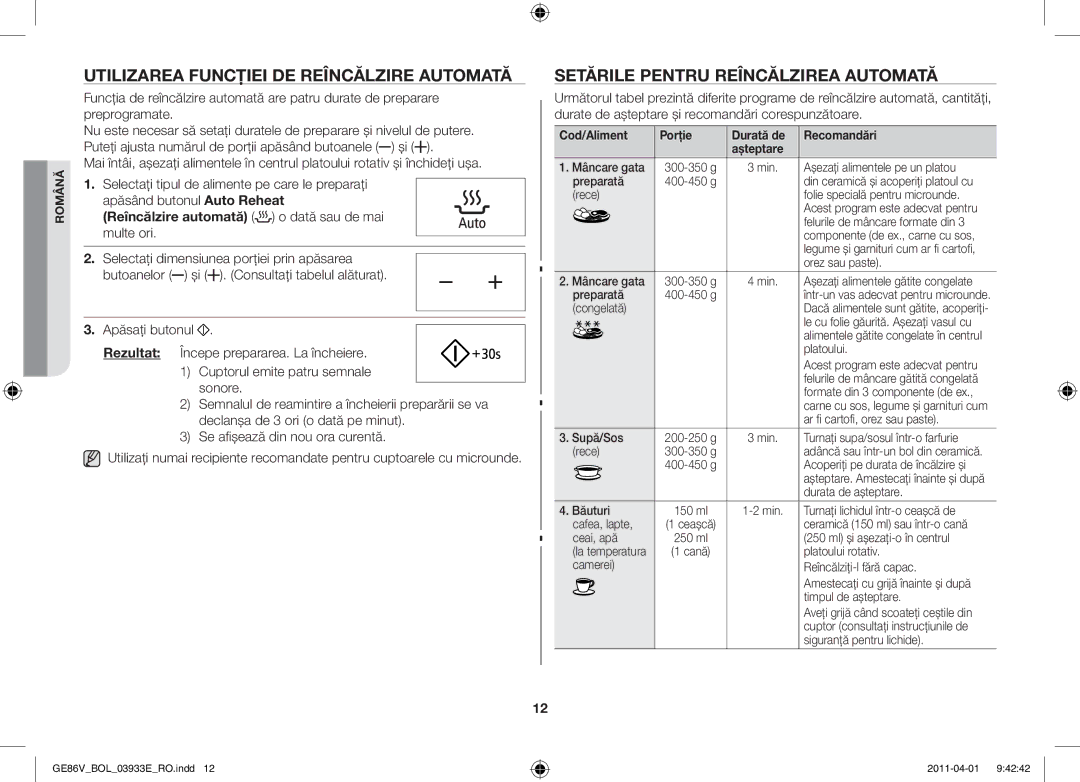 Samsung GE86V-SS/BOL, GE86V-WW/BOL manual Utilizarea funcţiei de reîncălzire automată, Setările pentru reîncălzirea automată 