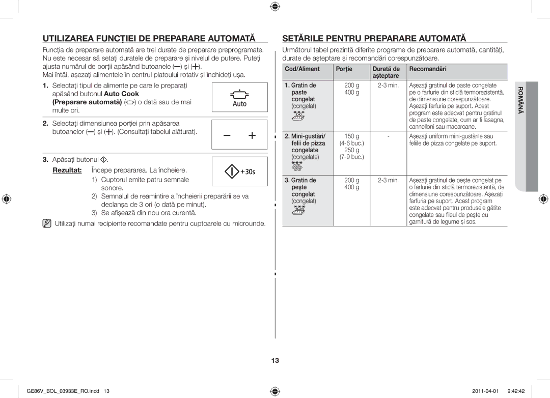 Samsung GE86V-WW/BOL Utilizarea funcţiei de preparare automată, Setările pentru preparare automată, Cod/Aliment Porţie 