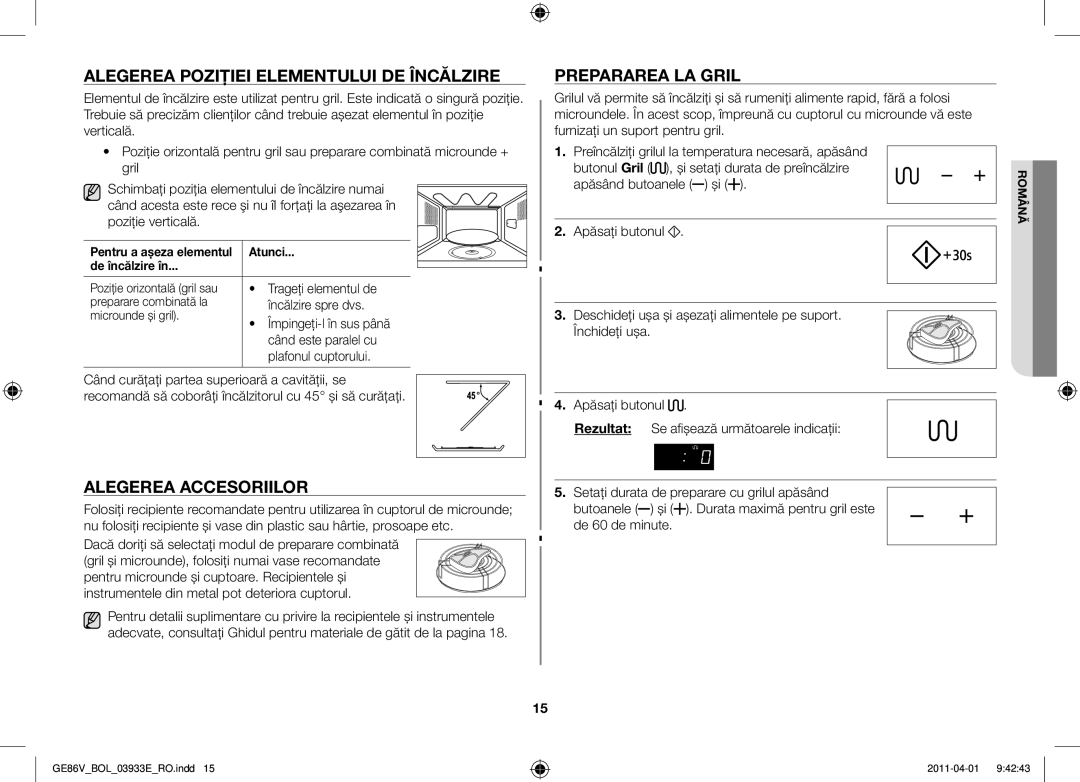 Samsung GE86V-SS/BOL, GE86V-WW/BOL Alegerea poziţiei elementului de încălzire, Alegerea accesoriilor, Prepararea la gril 