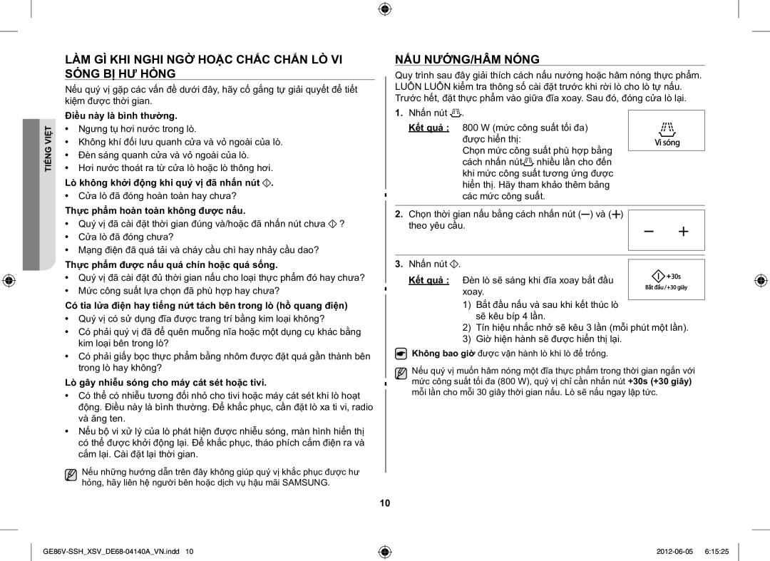 Samsung GE86V-SSH/XSV manual LÀM GÌ KHI Nghi NGỜ Hoặc Chắc Chắn LÒ VI Sóng BỊ HƯ Hỏng, NẤU NƯỚNG/HÂM Nóng 