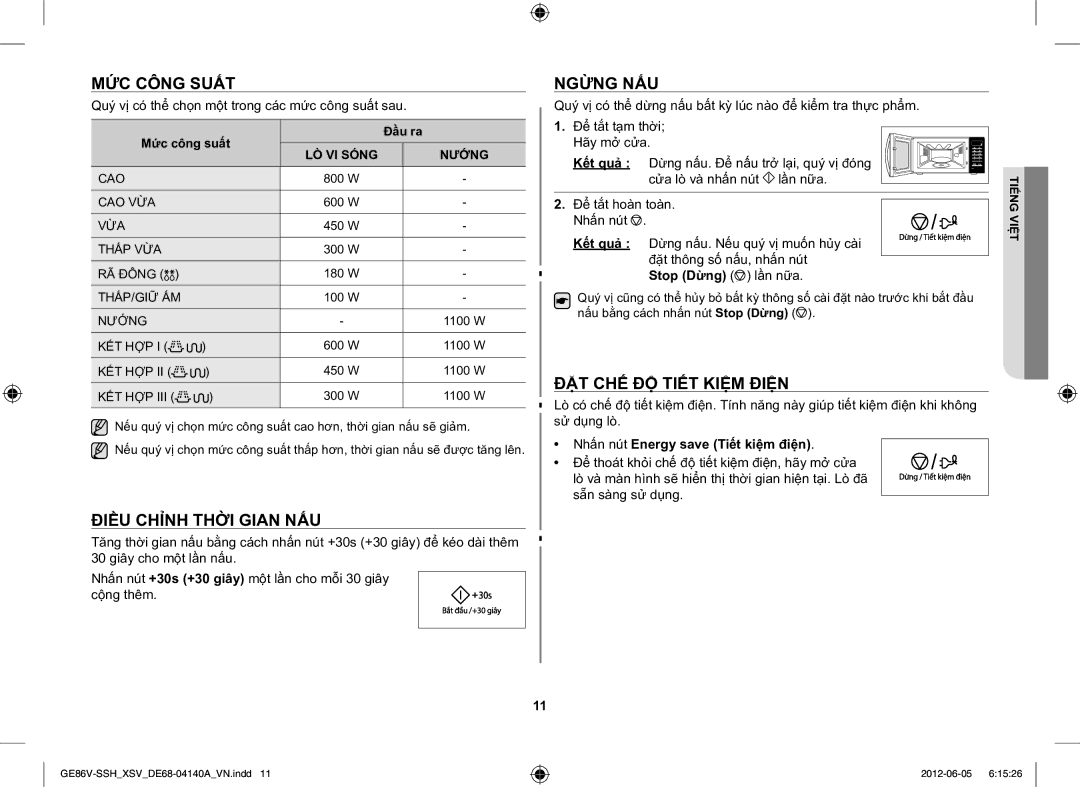 Samsung GE86V-SSH/XSV manual MỨC Công Suất, Điều Chỉnh Thời Gian NẤU, Ngừng NẤU, ĐẶT CHẾ ĐỘ Tiết Kiệm Điện 