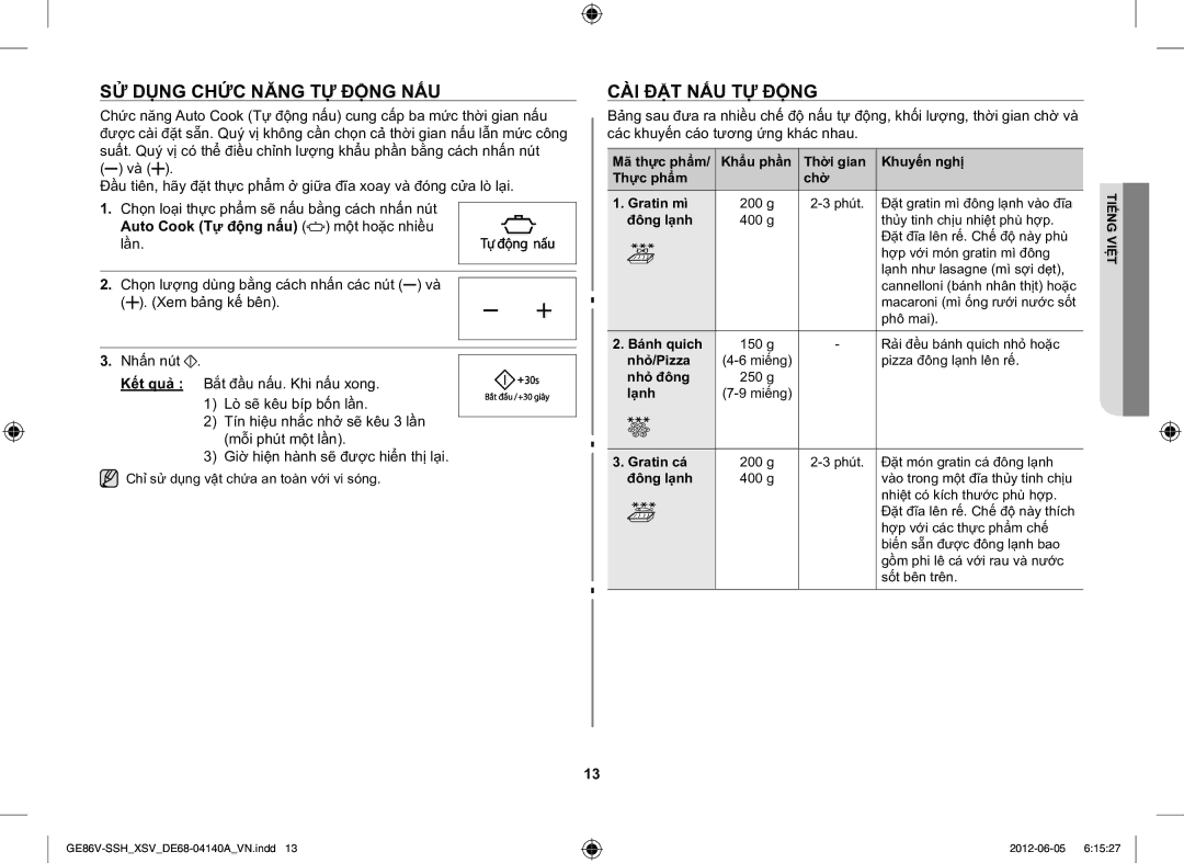 Samsung GE86V-SSH/XSV manual SỬ Dụng Chức Năng TỰ Động NẤU, CÀI ĐẶT NẤU TỰ Động, Auto Cook Tự động nấu một hoặc nhiều lần 