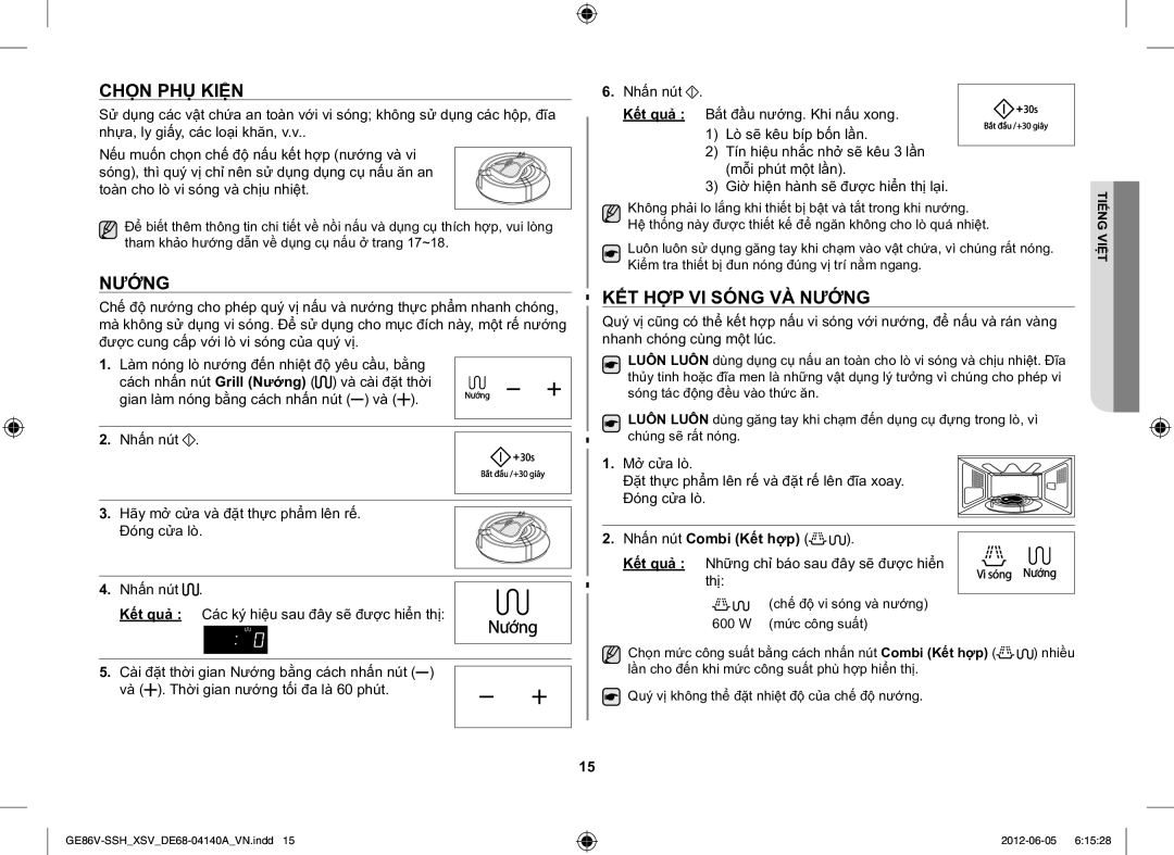 Samsung GE86V-SSH/XSV manual Chọn PHỤ Kiện, KẾT HỢP VI Sóng VÀ Nướng, Nhấn nút Combi Kết hợp 