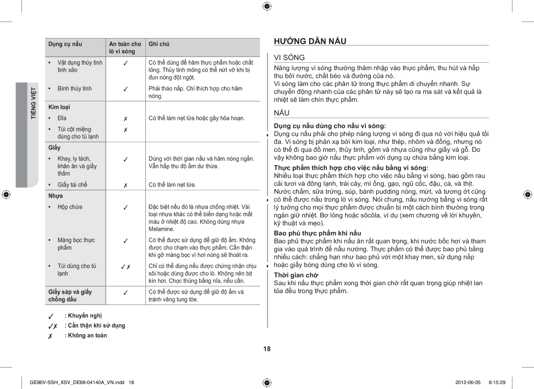 Samsung GE86V-SSH/XSV manual Hướng DẪN NẤU, VI Sóng, Nấu 