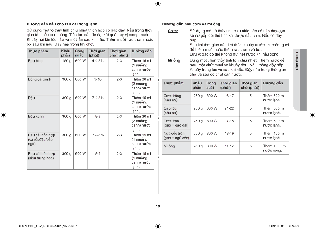 Samsung GE86V-SSH/XSV manual Hướng dẫn nấu cho rau cải đông lạnh, Hướng dẫn nấu cơm và mì ống 