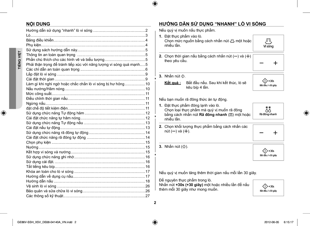 Samsung GE86V-SSH/XSV manual NỘI Dung, Hướng DẪN SỬ Dụng Nhanh LÒ VI Sóng, Hướng dẫn sử dụng nhanh lò vi sóng 