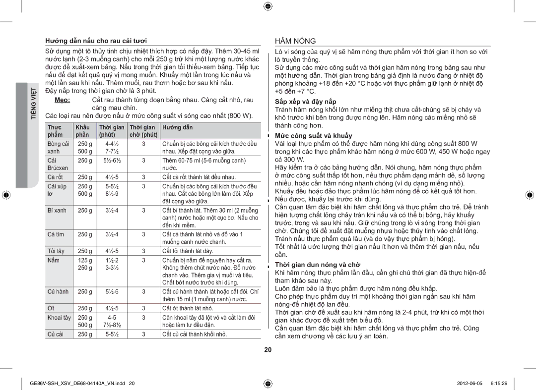 Samsung GE86V-SSH/XSV manual HÂM Nóng, Hướng dẫn nấu cho rau cải tươi, Sắp xếp và đậy nắp, Mức công suất và khuấy 