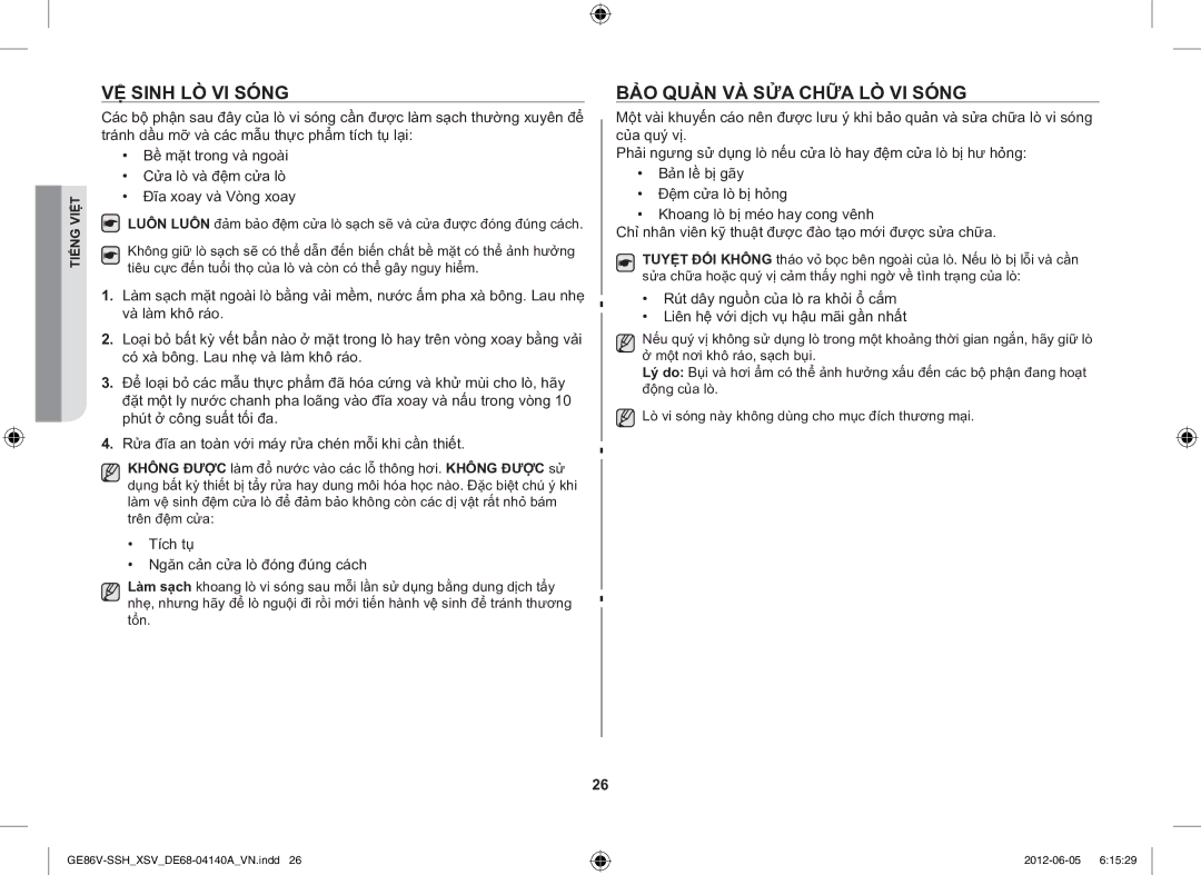 Samsung GE86V-SSH/XSV manual VỆ Sinh LÒ VI Sóng, BẢO Quản VÀ SỬA Chữa LÒ VI Sóng, Tích tụ Ngăn cản cửa lò đóng đúng cách 