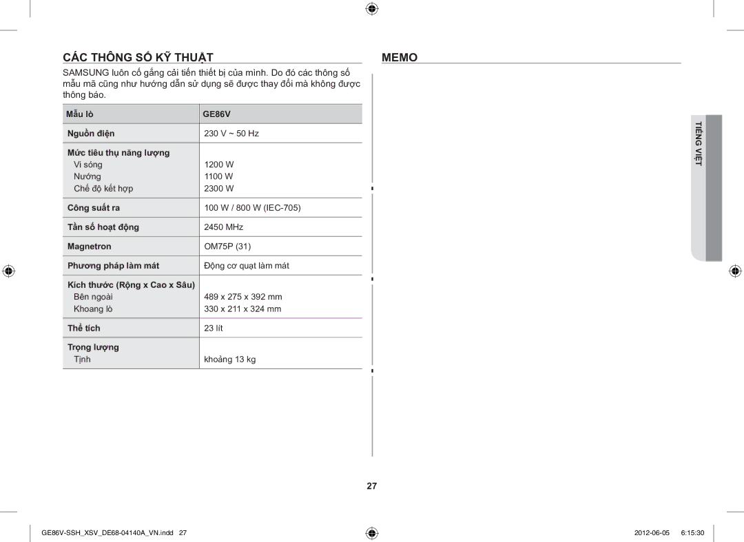 Samsung GE86V-SSH/XSV manual CÁC Thông SỐ KỸ Thuật Memo 