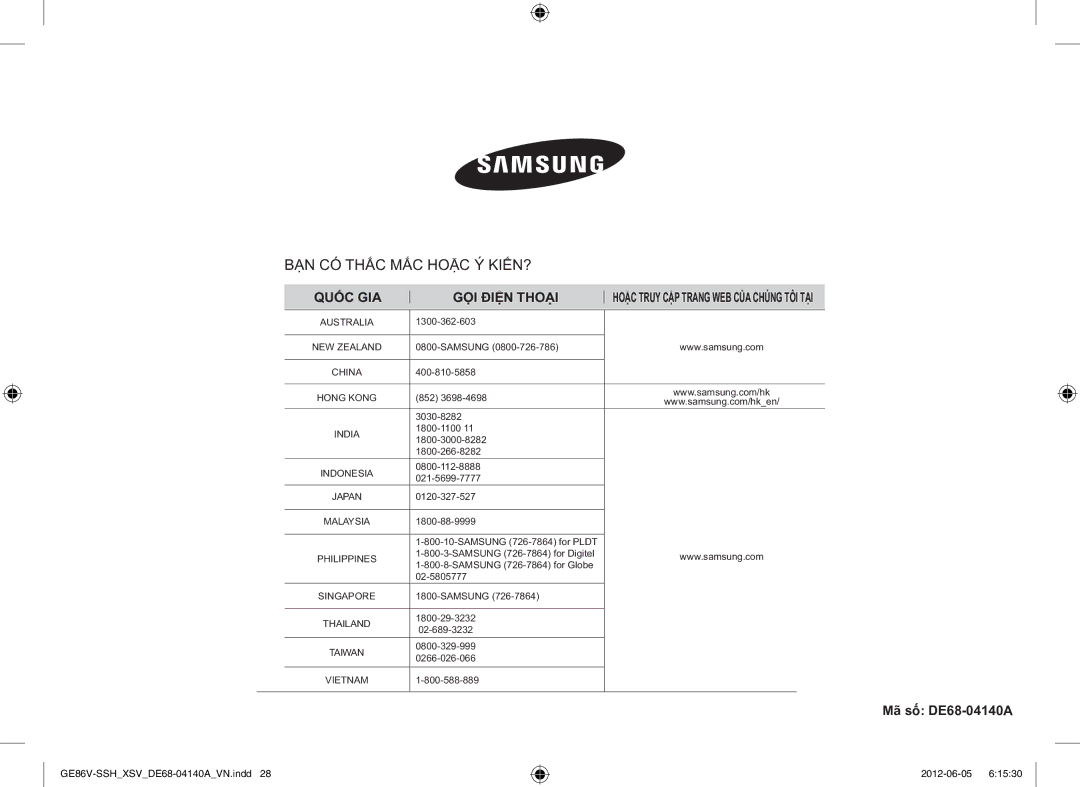 Samsung GE86V-SSH/XSV manual Bn Có Thc Mc Hoc Ý Kin?, Mã số DE68-04140A 