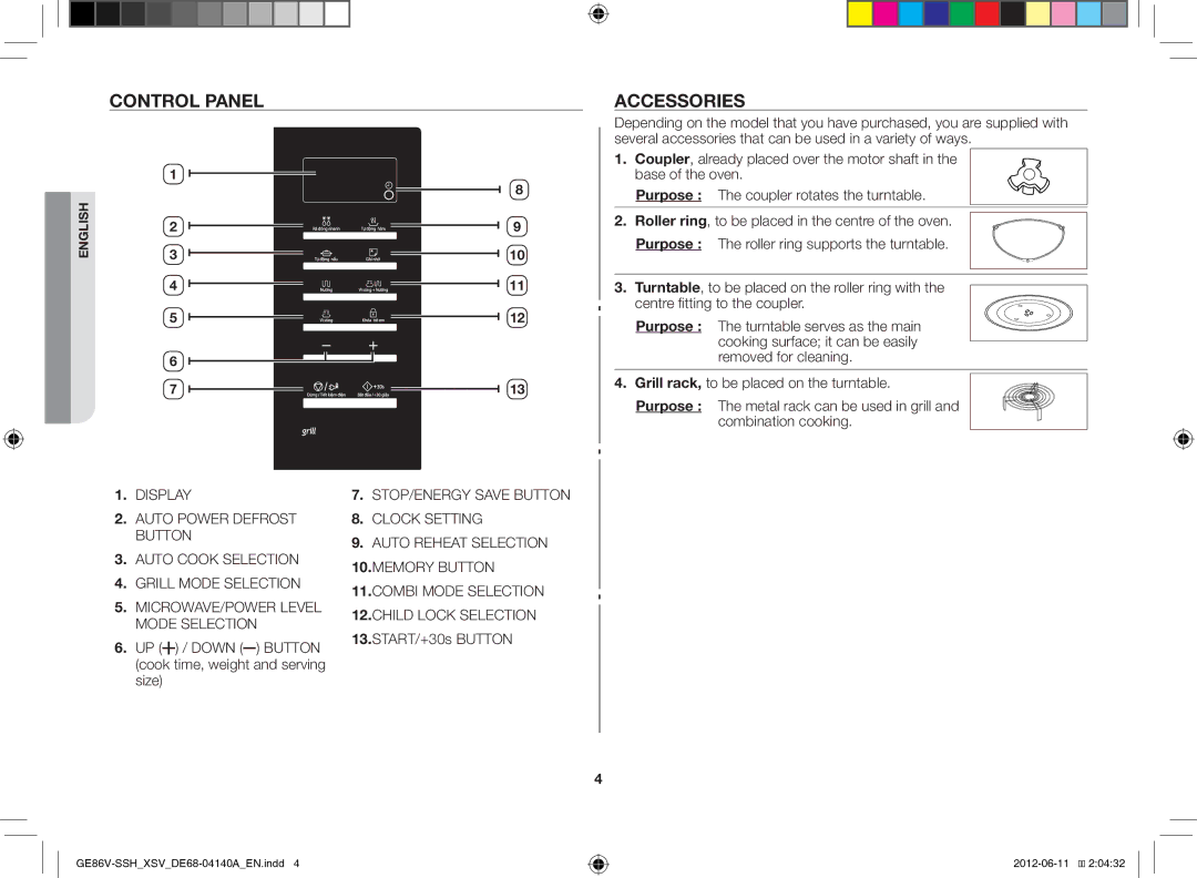 Samsung GE86V-SSH/XSV Control Panel, Accessories, UP / Down Button cook time, weight and serving size, START/+30s Button 