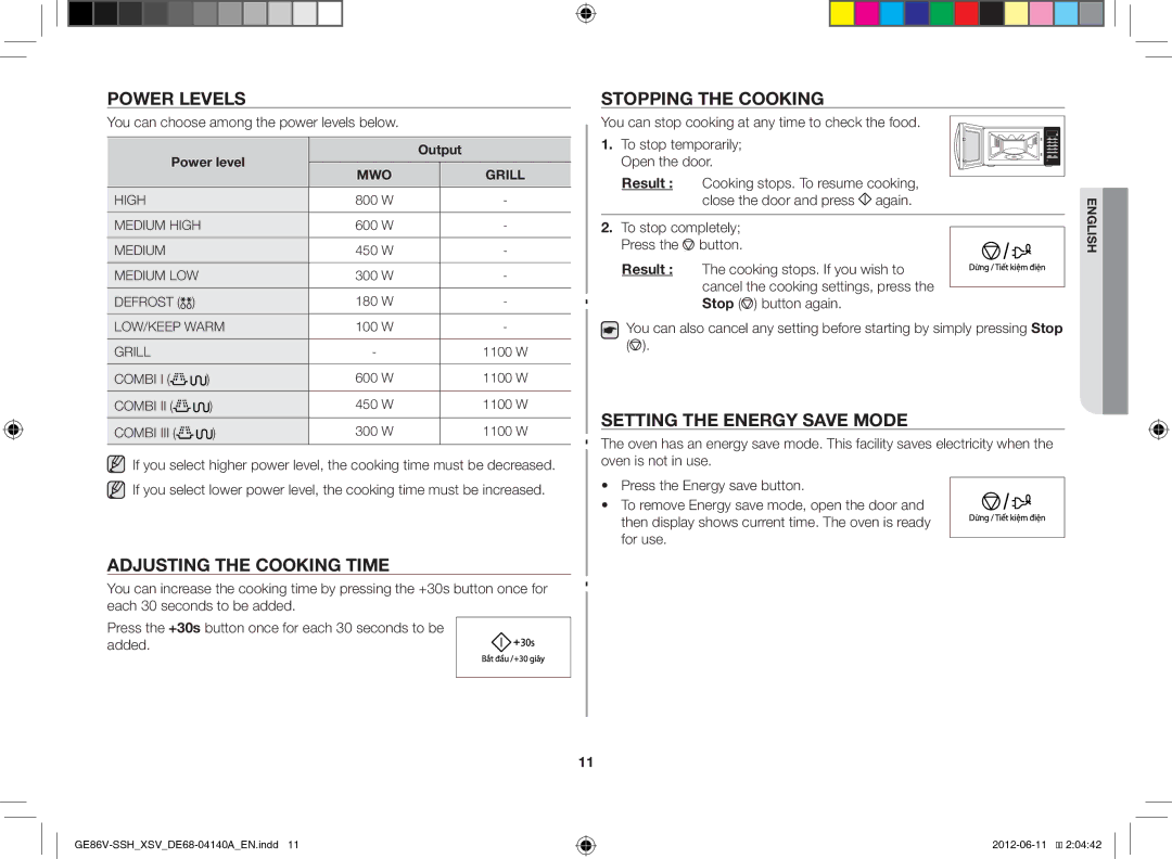 Samsung GE86V-SSH/XSV manual Power Levels, Adjusting the Cooking Time, Stopping the Cooking, Setting the Energy Save Mode 