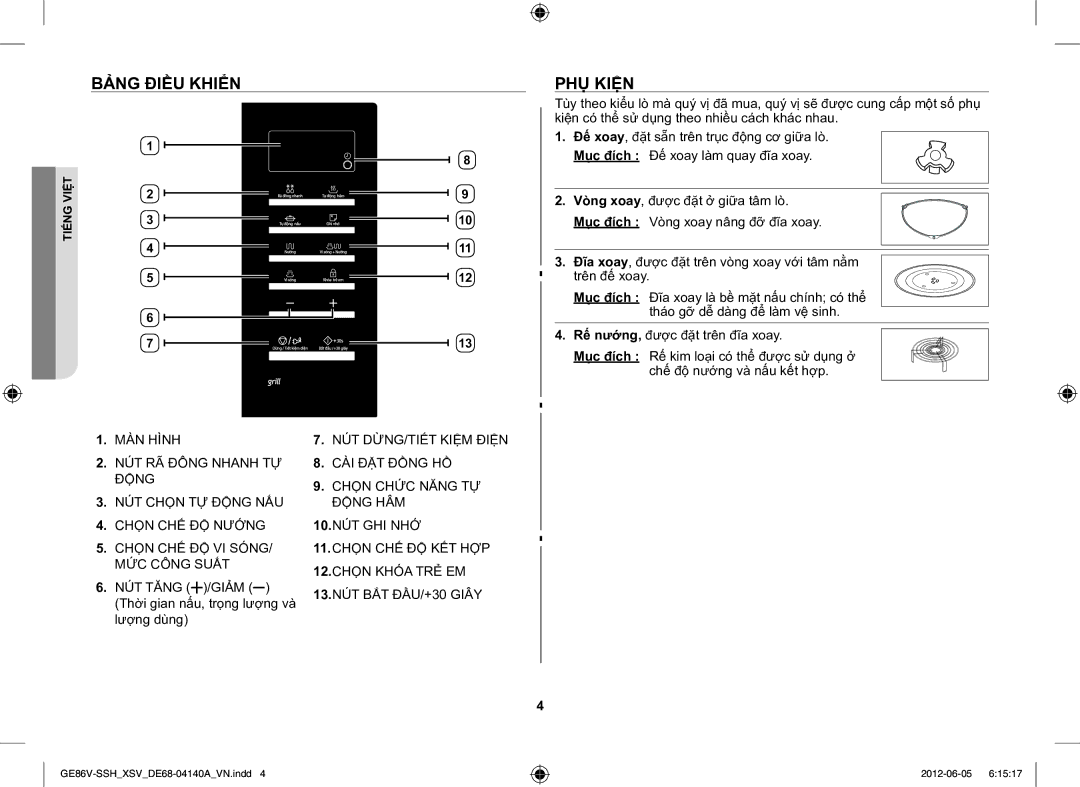 Samsung GE86V-SSH/XSV manual Bảng Điều Khiển, PHỤ Kiện, NÚT Tăng /GIẢM Thời gian nấu, trọng lượng và lượng dùng 