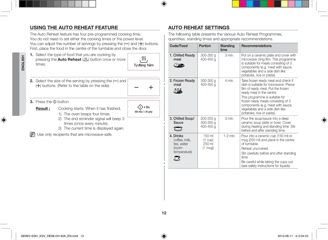 Samsung GE86V-SSH/XSV Using the Auto Reheat Feature, Auto Reheat Settings, Code/Food Portion Standing Recommendations Time 