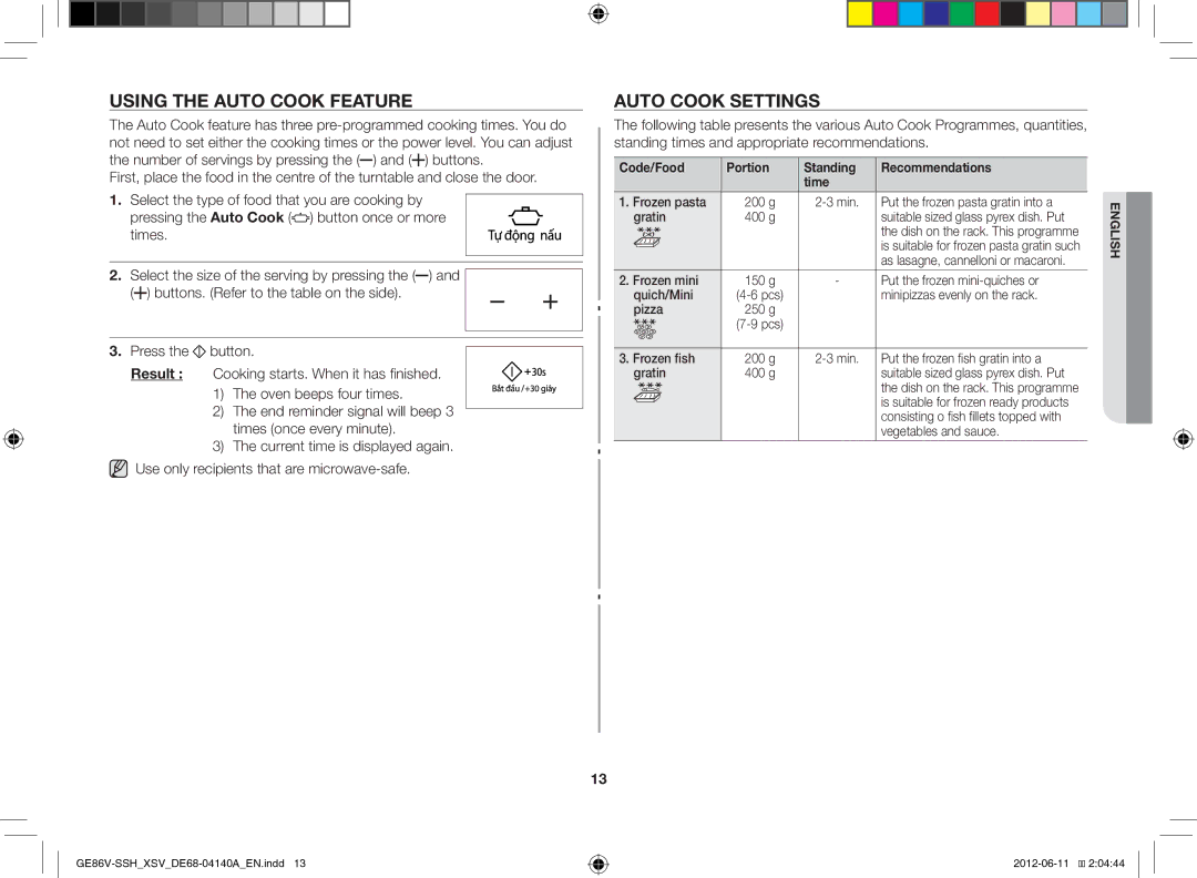 Samsung GE86V-SSH/XSV manual Using the Auto Cook Feature, Auto Cook Settings 