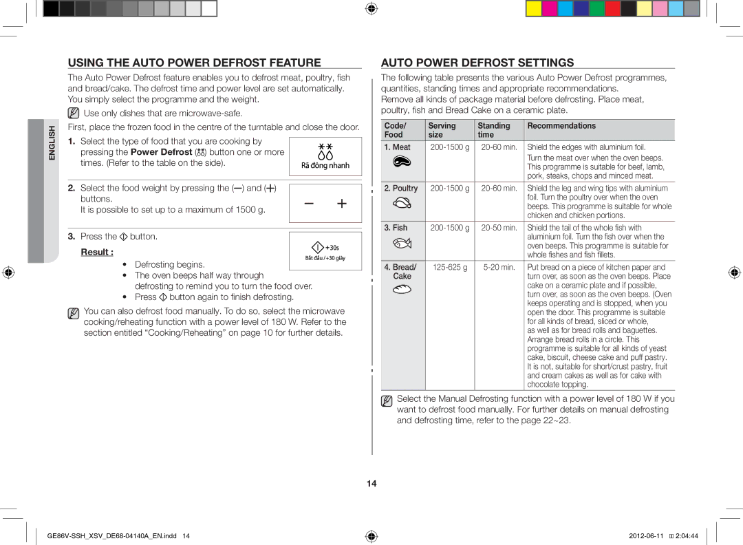 Samsung GE86V-SSH/XSV manual Using the Auto Power Defrost Feature, Auto Power Defrost Settings 