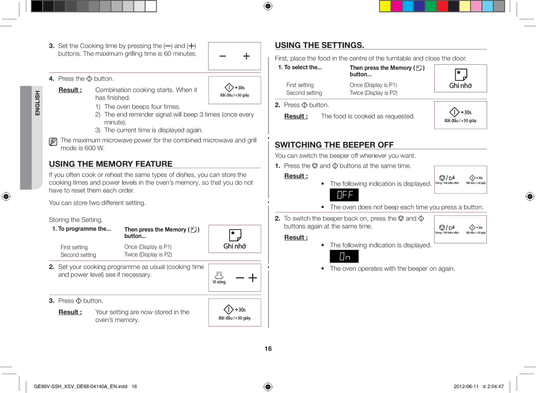 Samsung GE86V-SSH/XSV manual Using the Memory Feature, Using the Settings, Switching the Beeper OFF 