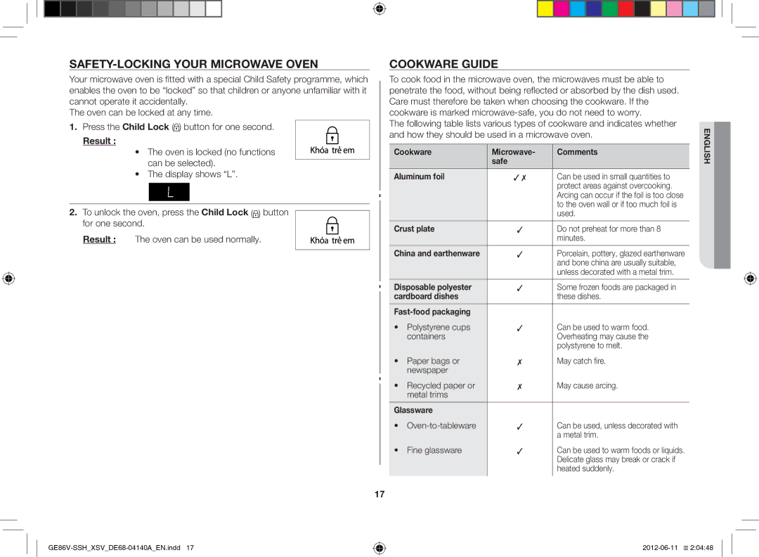 Samsung GE86V-SSH/XSV manual SAFETY-LOCKING Your Microwave Oven, Cookware Guide 