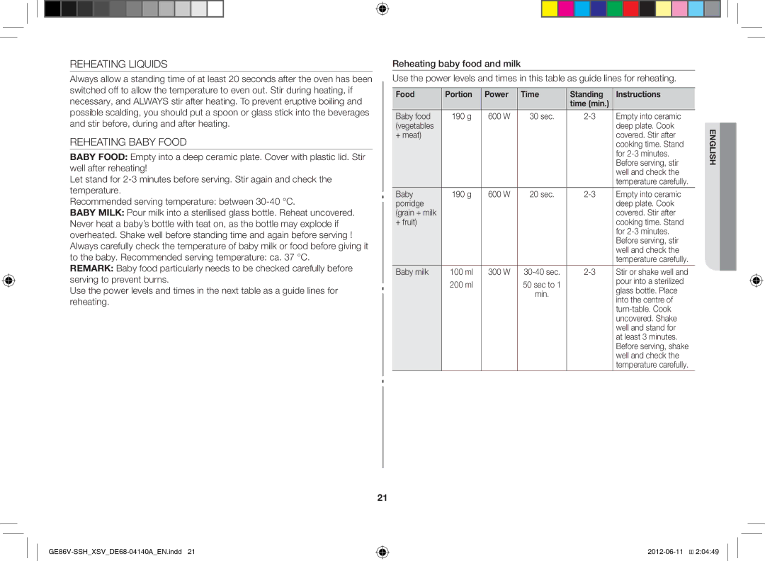 Samsung GE86V-SSH/XSV manual Reheating Liquids, Reheating Baby Food, Food Portion Power Time Standing Instructions 