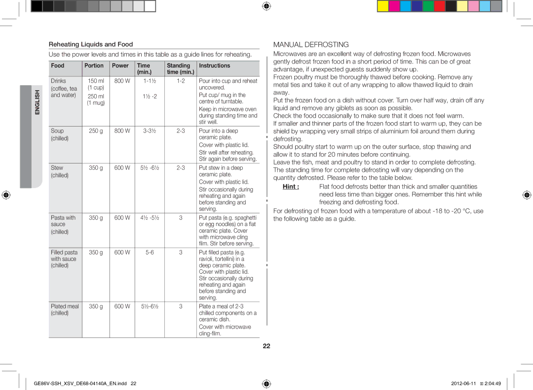 Samsung GE86V-SSH/XSV manual Manual Defrosting, Reheating Liquids and Food 