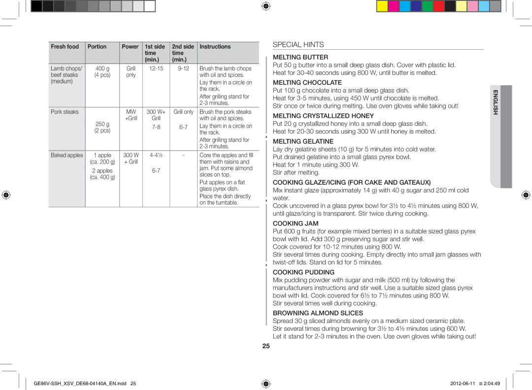 Samsung GE86V-SSH/XSV manual Special Hints, Stir several times well during cooking, Fresh food Portion Power 1st side 