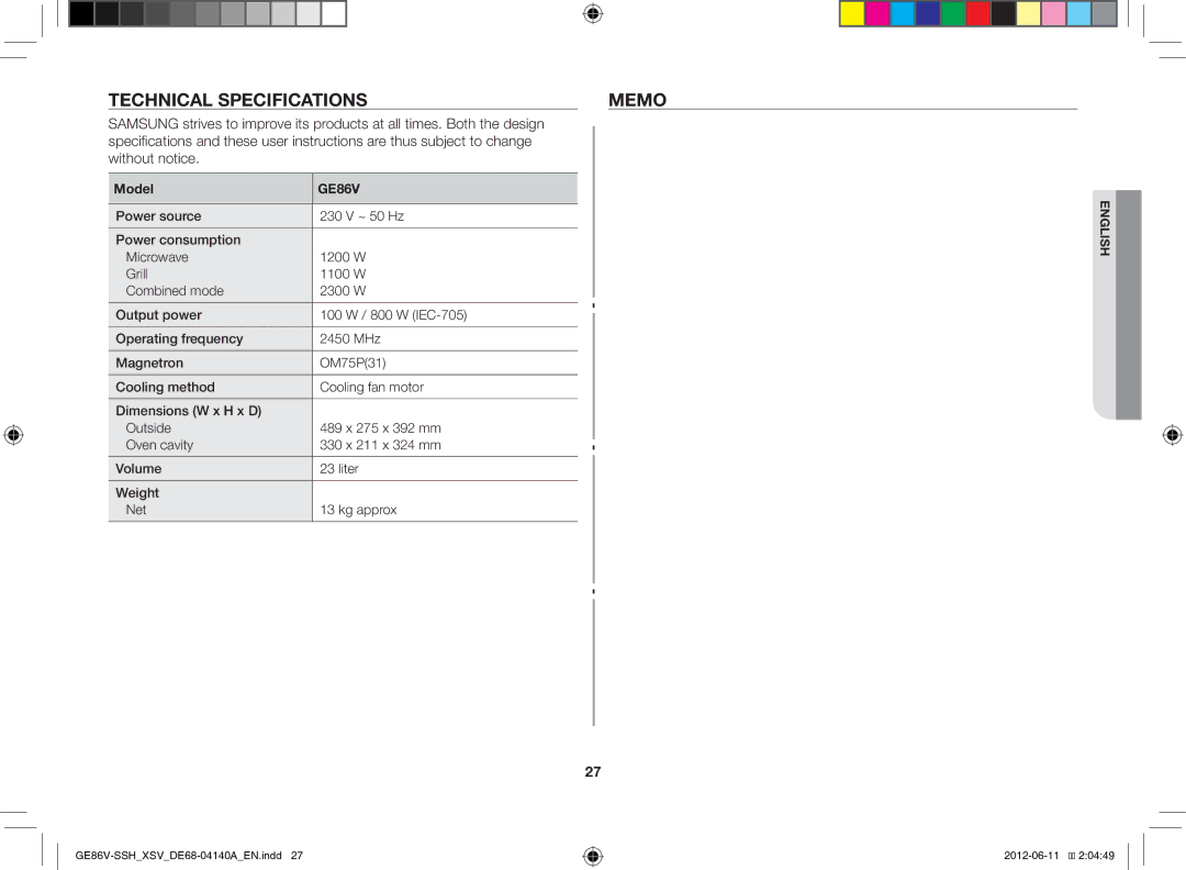 Samsung GE86V-SSH/XSV manual Technical Specifications Memo, Model 