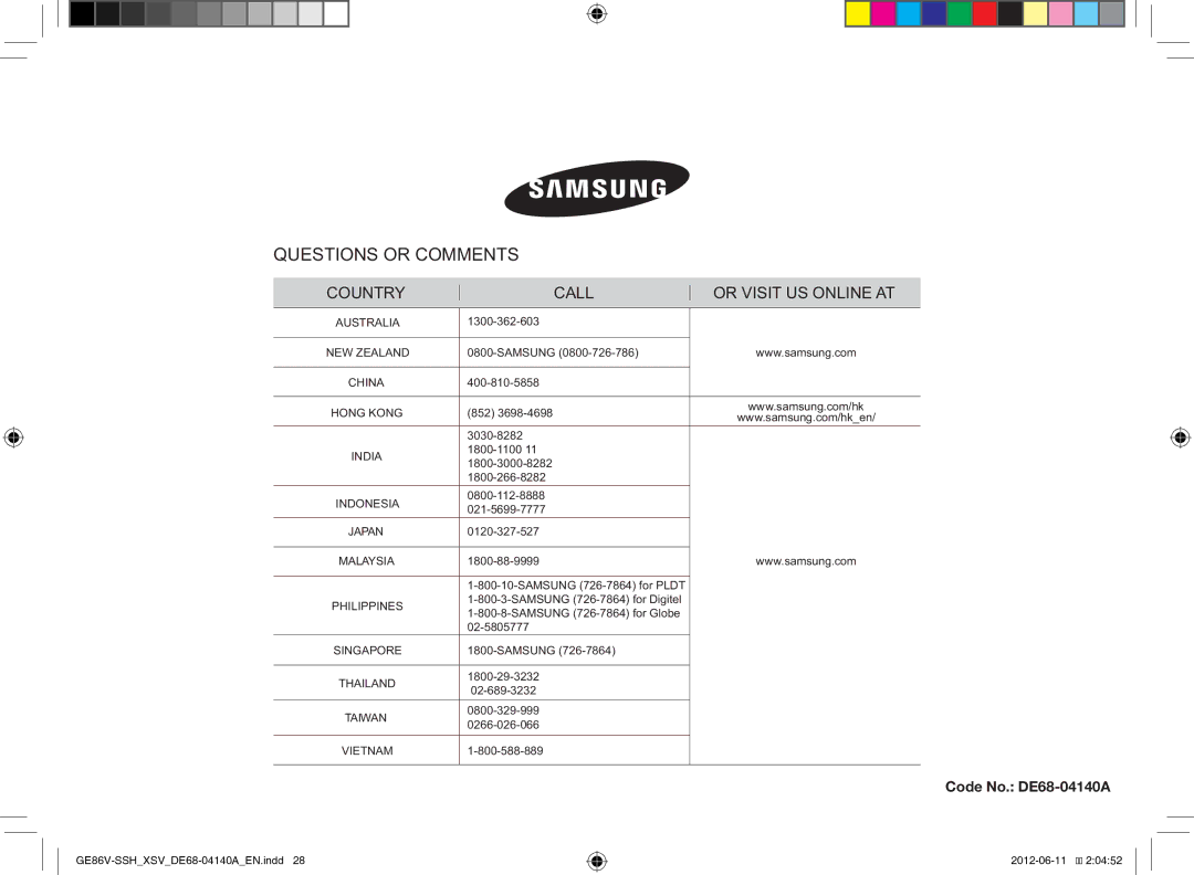 Samsung GE86V-SSH/XSV manual Country Call Or Visit US Online AT, Code No. DE68-04140A 