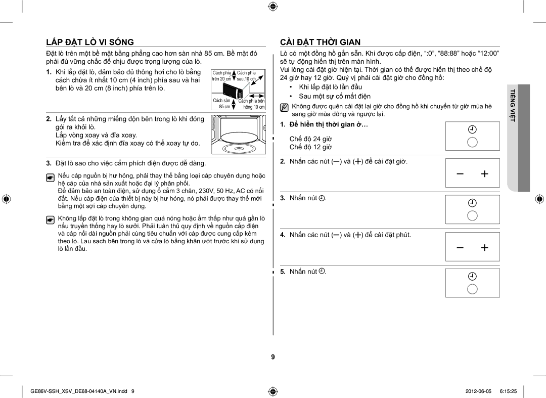 Samsung GE86V-SSH/XSV manual LẮP ĐẶT LÒ VI Sóng, CÀI ĐẶT Thời Gian 