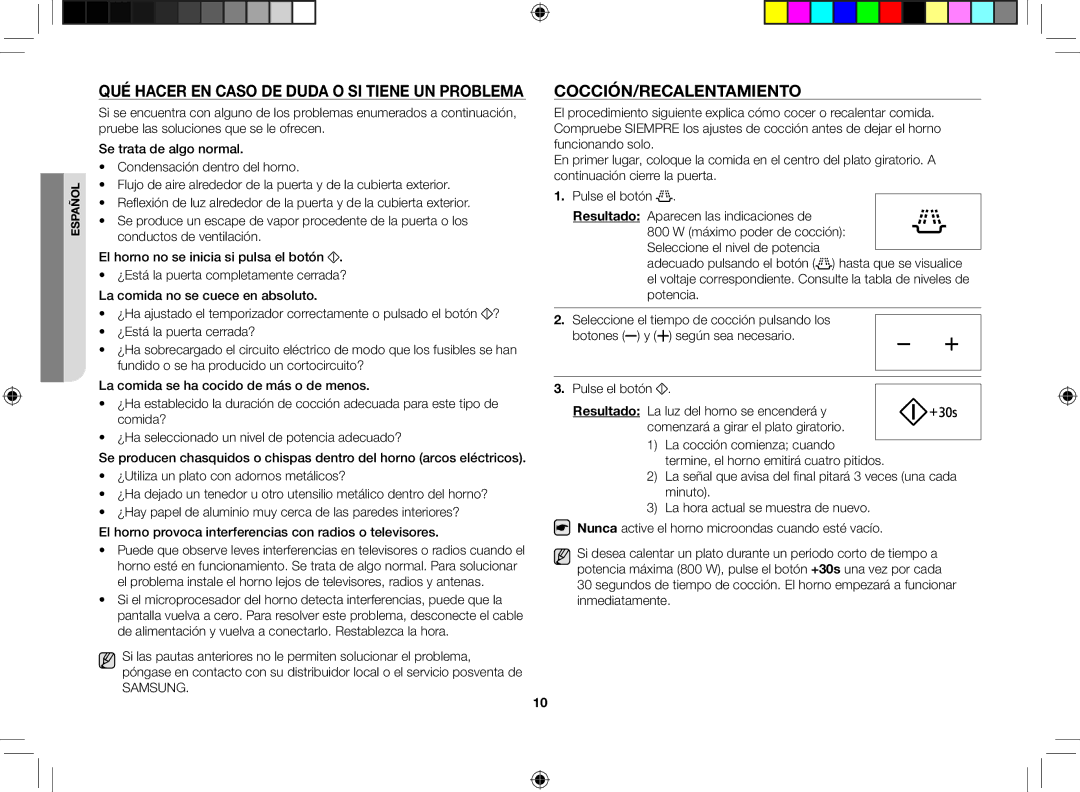 Samsung GE86V-SS/XEC, GE86V-SSX/XEC manual Qué hacer en caso de duda o si tiene un problema, Cocción/Recalentamiento 