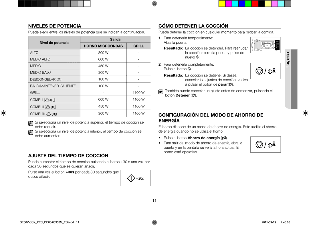 Samsung GE86V-BBX/XEC Niveles de potencia, Ajuste del tiempo de cocción, Cómo detener la cocción, Nivel de potencia Salida 