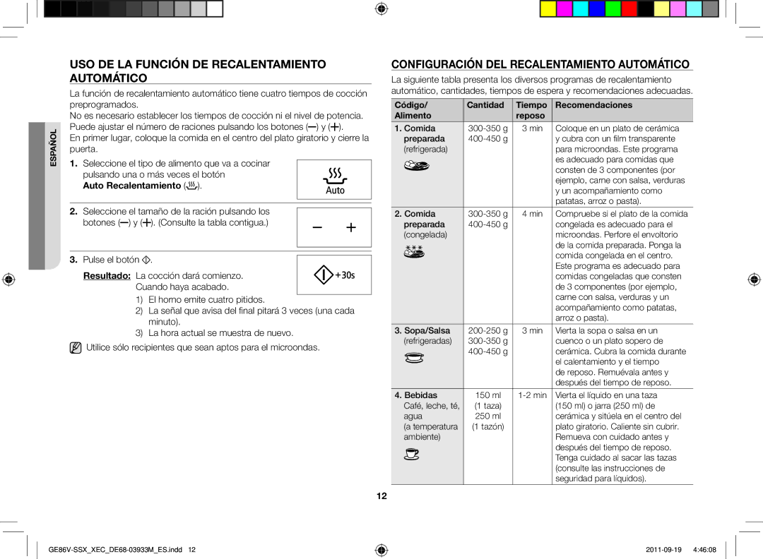 Samsung GE86V-SSX/XEC manual Uso de la función de recalentamiento automático, Configuración del recalentamiento automático 