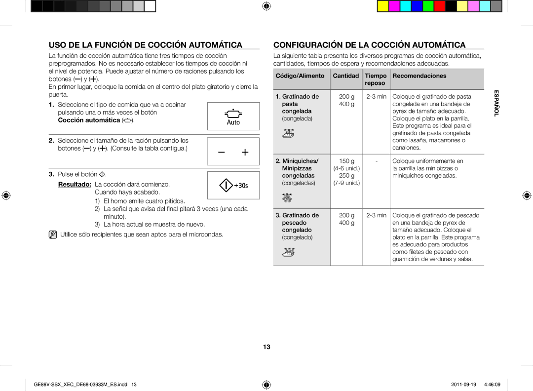 Samsung GE86V-SS/XEC, GE86V-SSX/XEC manual Uso de la función de cocción automática, Configuración de la cocción automática 