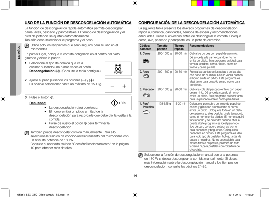 Samsung GE86V-BBX/XEC manual Uso de la función de descongelación automática, Configuración de la descongelación automática 