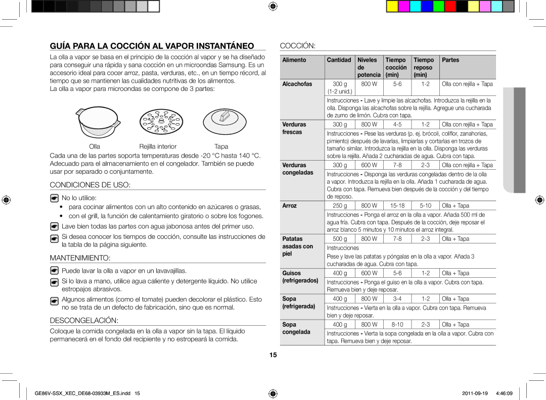 Samsung GE86V-SSX/XEC manual Guía para la cocción al vapor instantáneo, Condiciones DE USO, Mantenimiento, Descongelación 