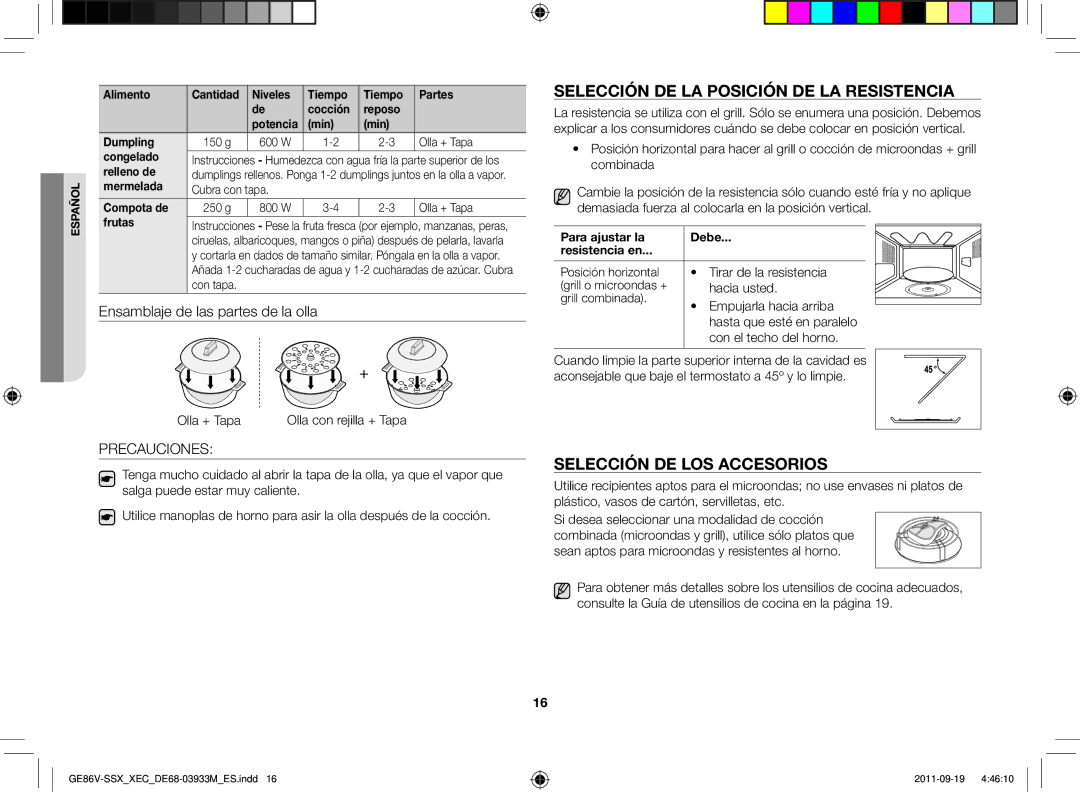 Samsung GE86V-SS/XEC, GE86V-SSX/XEC Selección de la posición de la resistencia, Selección de los accesorios, Precauciones 