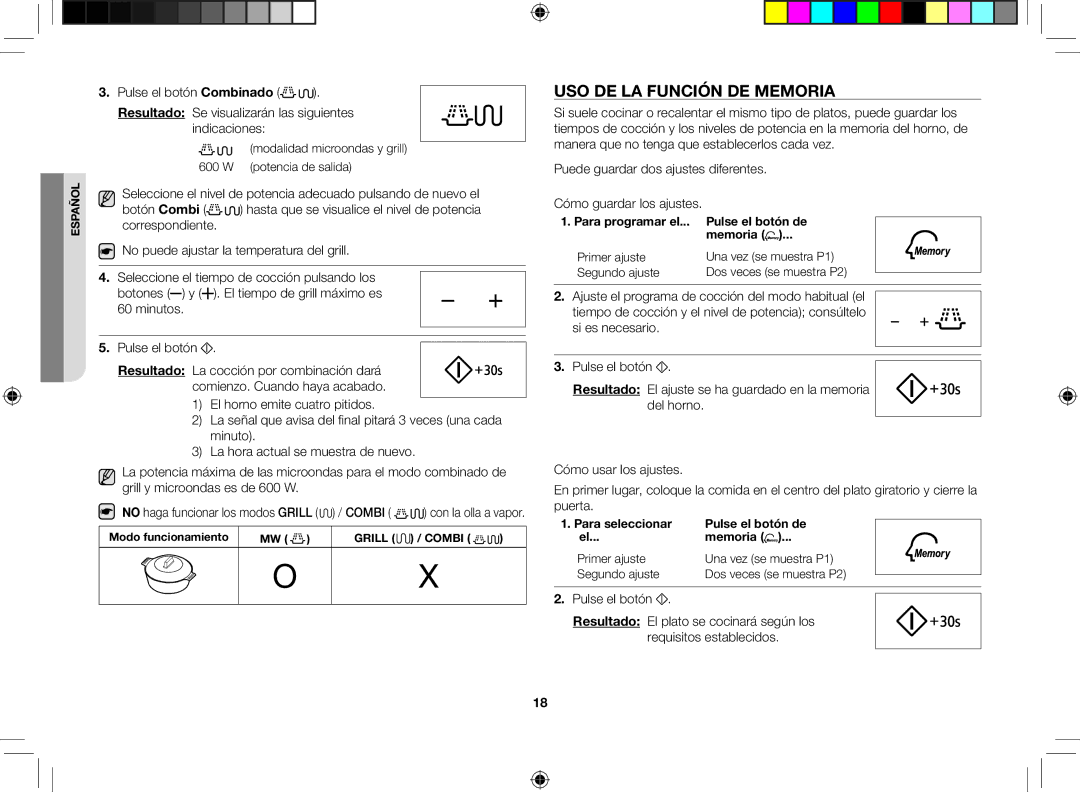 Samsung GE86V-SSX/XEC, GE86V-SS/XEC Uso de la función de memoria, Modalidad microondas y grill 600 W potencia de salida 