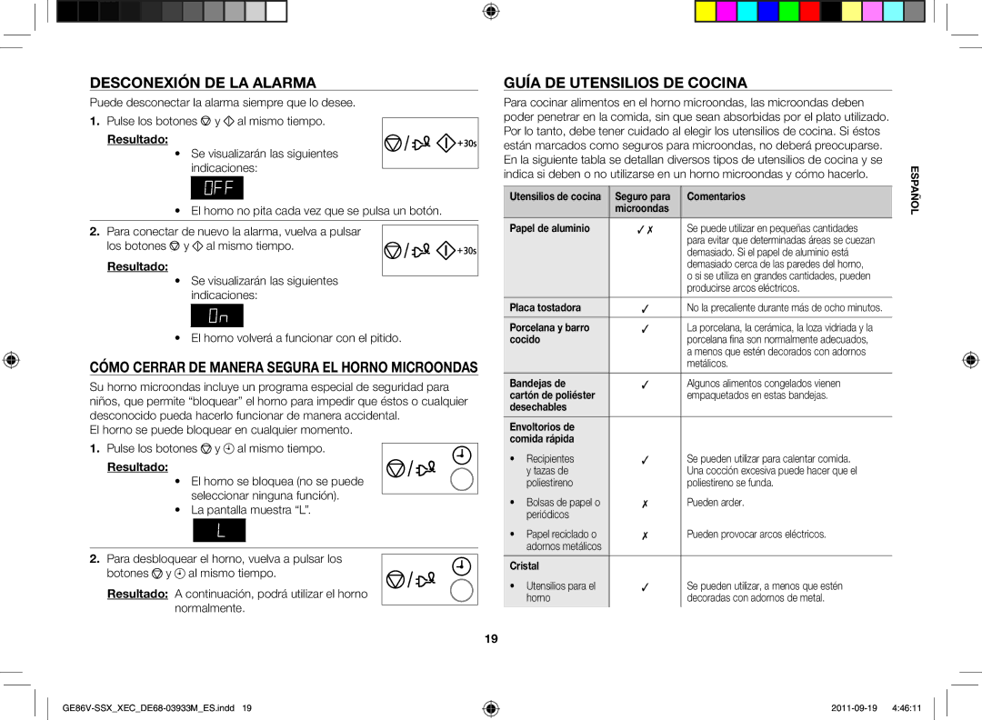 Samsung GE86V-SS/XEC, GE86V-SSX/XEC manual Desconexión de la alarma, Cómo cerrar de manera segura el horno microondas 