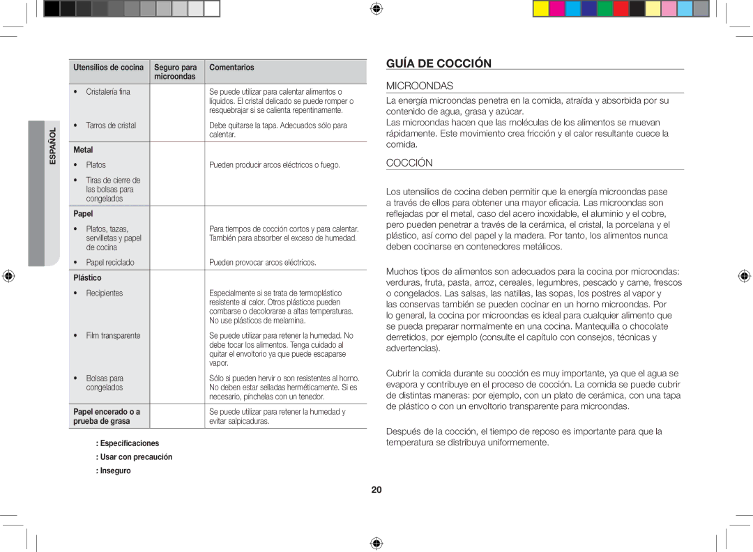 Samsung GE86V-BBX/XEC, GE86V-SSX/XEC, GE86V-SS/XEC Guía de cocción, Microondas, Utensilios para la cocción por microondas 