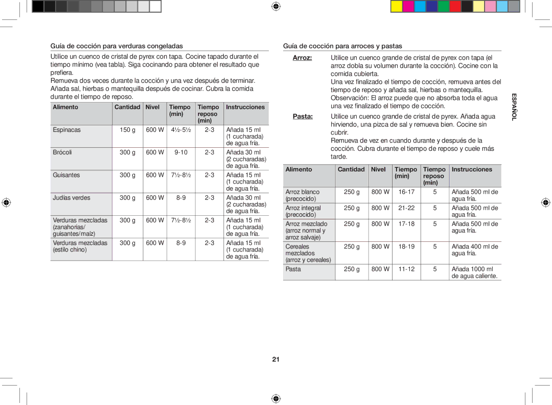 Samsung GE86V-SSX/XEC, GE86V-SS/XEC, GE86V-BBX/XEC manual Alimento Cantidad Nivel Tiempo Instrucciones Min Reposo 