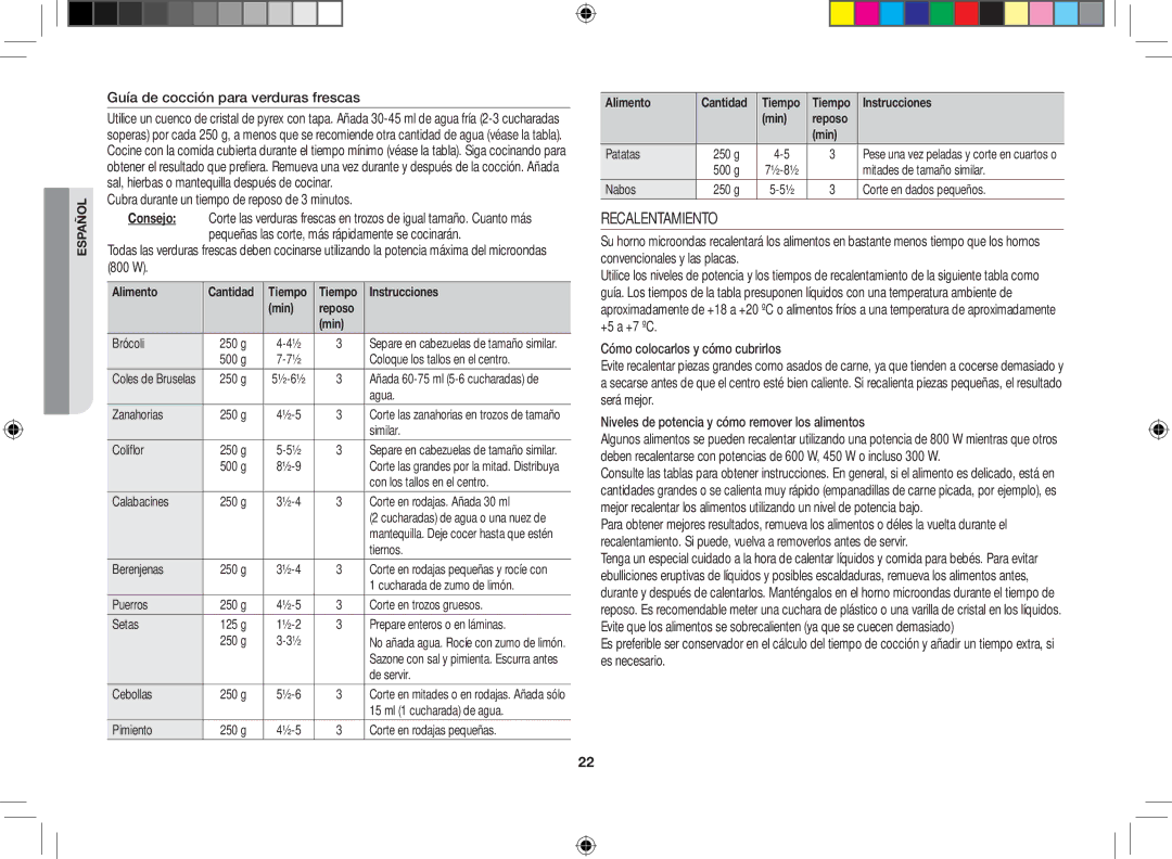 Samsung GE86V-SS/XEC, GE86V-SSX/XEC manual Recalentamiento, Guía de cocción para verduras frescas, Instrucciones Min 