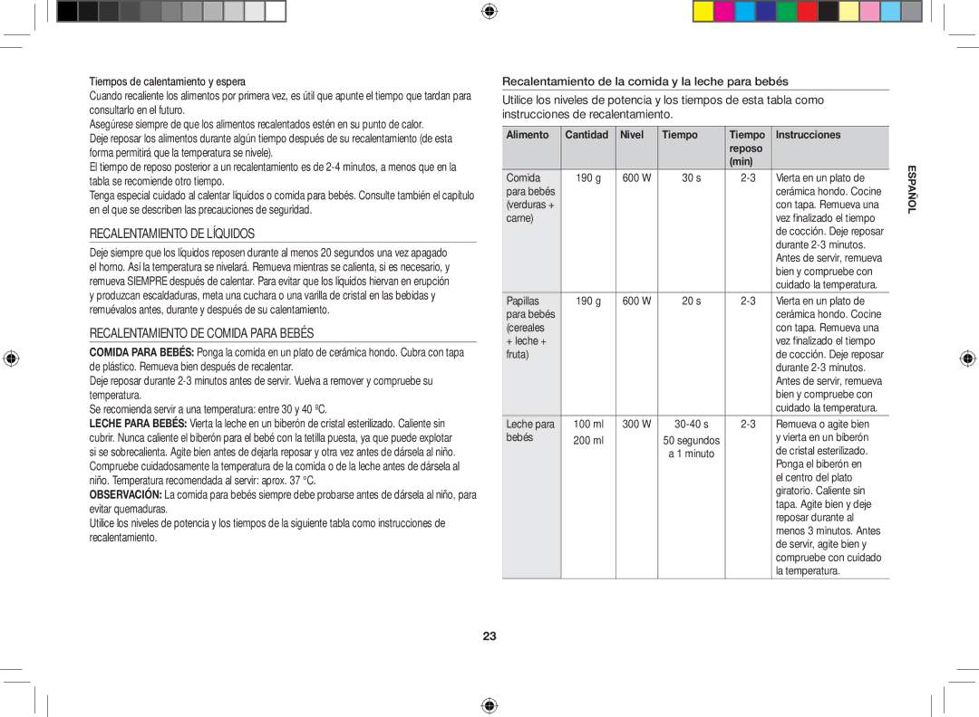 Samsung GE86V-BBX/XEC, GE86V-SSX/XEC, GE86V-SS/XEC manual Recalentamiento DE Líquidos, Recalentamiento DE Comida Para Bebés 