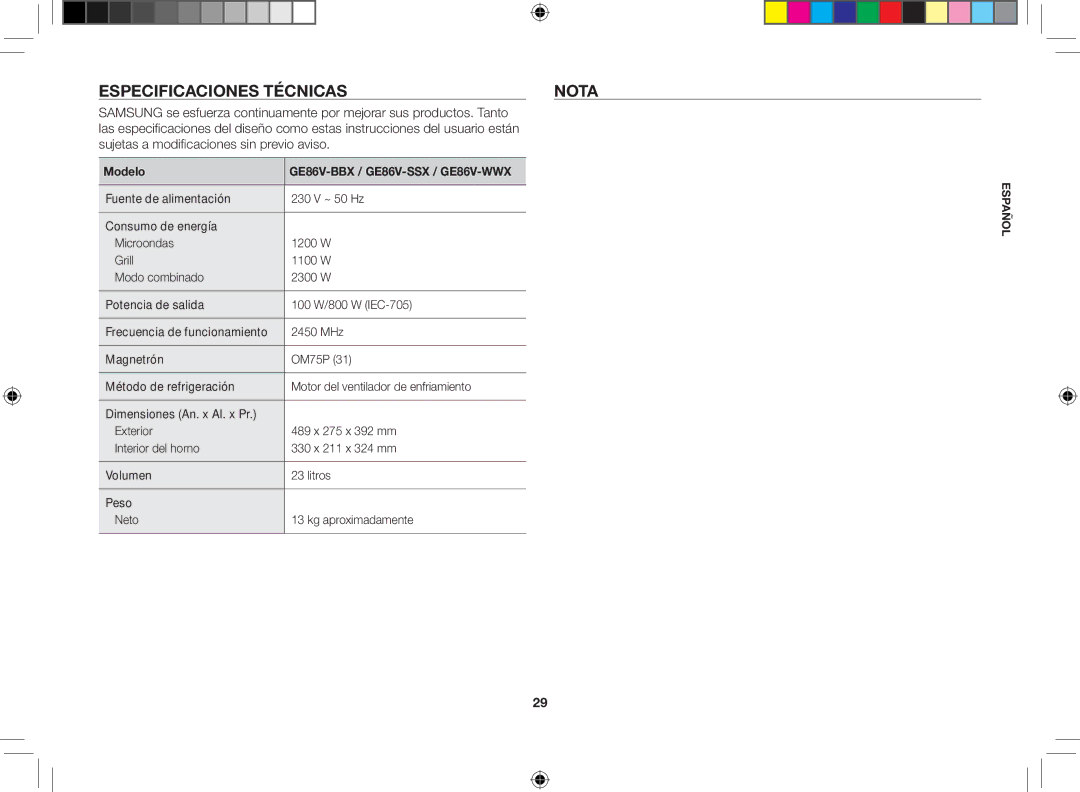 Samsung GE86V-BBX/XEC, GE86V-SSX/XEC, GE86V-SS/XEC manual Especificaciones técnicas Nota, Están, Sin previo aviso, Modelo 