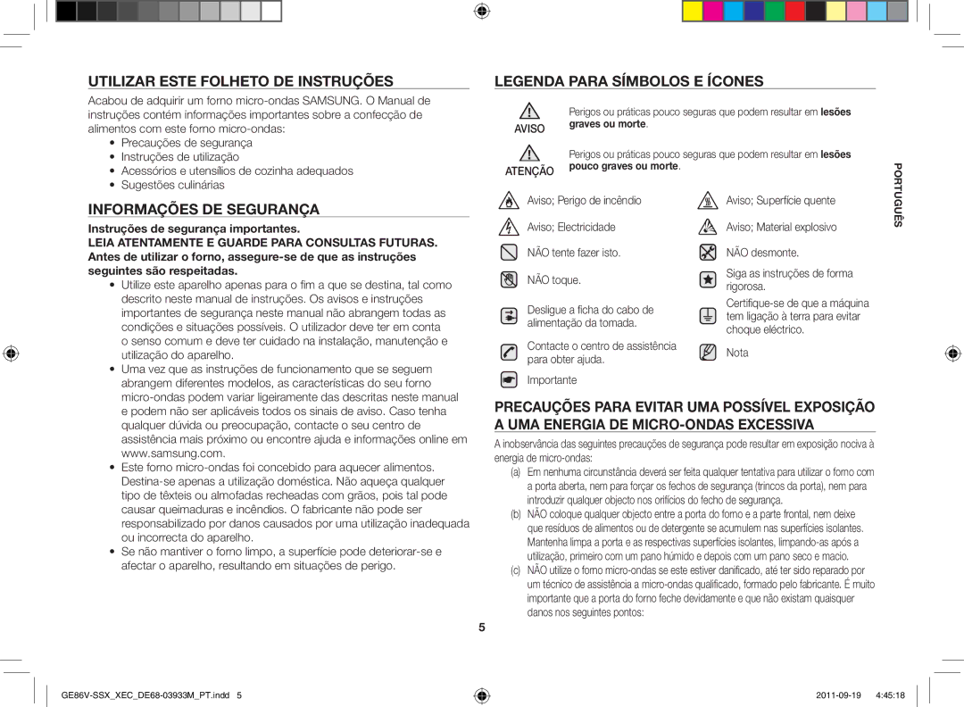 Samsung GE86V-SS/XEC, GE86V-SSX/XEC, GE86V-BBX/XEC manual Utilizar este folheto de instruções, Informações de segurança 