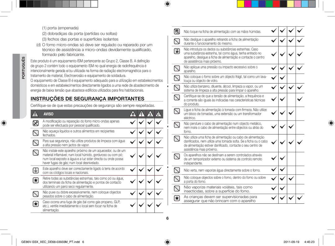 Samsung GE86V-BBX/XEC, GE86V-SSX/XEC, GE86V-SS/XEC manual Instruções de segurança importantes, Aviso 