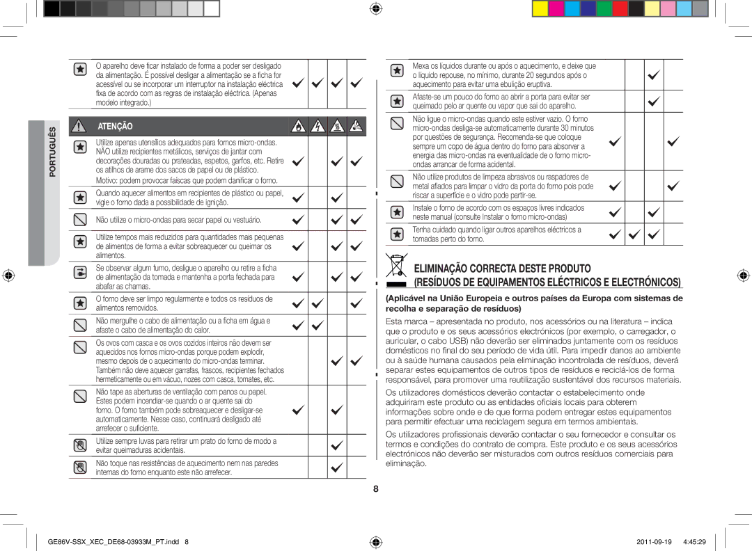 Samsung GE86V-SS/XEC, GE86V-SSX/XEC, GE86V-BBX/XEC manual Motivo podem provocar faíscas que podem danificar o forno 