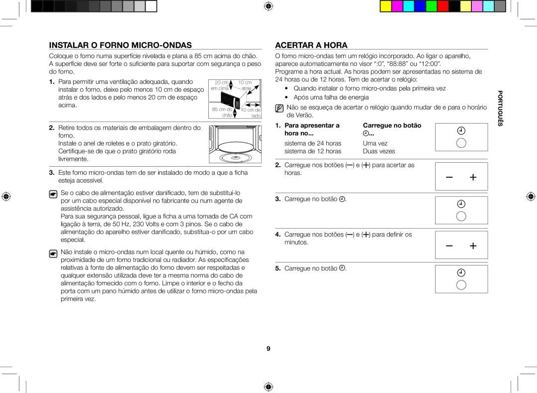 Samsung GE86V-BBX/XEC, GE86V-SSX/XEC manual Instalar o forno micro-ondas, Acertar a hora, De Verão, Carregue nos botões 