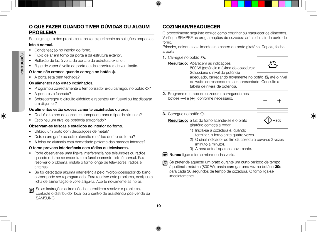 Samsung GE86V-SSX/XEC, GE86V-SS/XEC, GE86V-BBX/XEC Que fazer quando tiver dúvidas ou algum problema, Cozinhar/Reaquecer 