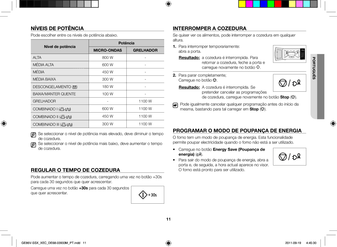 Samsung GE86V-SS/XEC, GE86V-SSX/XEC, GE86V-BBX/XEC Níveis de potência, Regular o tempo de cozedura, Interromper a cozedura 